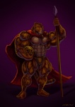 anthro areola armor big_muscles bulge cape clothing green_eyes headgear helmet huge_muscles hyper hyper_muscles male melee_weapon muscular muscular_anthro muscular_male nipples polearm solo spear underwear vein veiny_muscles weapon purrcules_(artist) benji_(mainlion) spartan_(roman) clouded_leopard felid mammal pantherine 2011