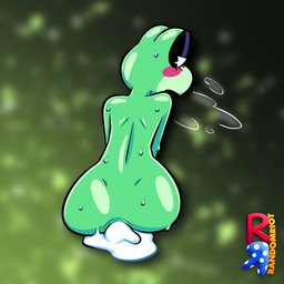 anthro blurred_background bodily_fluids breath butt cum cum_from_ass cum_in_ass cum_inside cum_puddle female genital_fluids glistening glistening_butt green_body looking_at_viewer looking_back looking_back_at_viewer solo sweat sweaty_back sweaty_butt sweaty_face raunchyriot glitch_productions the_amazing_digital_circus ribbit_(tadc) amphibian frog 2026 digital_drawing_(artwork) digital_media_(artwork) english_description