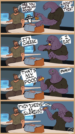 blue_eyes clothed clothing dialogue duo fangs female food green_eyes hair male muscular muscular_female muscular_male open_mouth open_smile purple_body simple_background sitting smile teeth text tongue tongue_out atokitsune halo_(series) microsoft xbox_game_studios fan_character alien human mammal sangheili 4k 9:16 absurd_res english_text hi_res