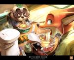 anthro clothed clothing duo eyewear food fur glasses male noodles ramen text gidora_(artist) disney zootopia michael_tanuyama nick_wilde canid canine fox mammal raccoon_dog red_fox tanuki true_fox 2017 english_text hi_res