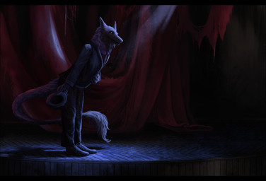 black_bars bowing clothed clothing fur grey_body grey_fur hat headgear headwear solo stage standing tail oneminutesketch sergal 2017 digital_media_(artwork)