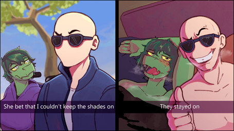 after_sex anthro bald bed before_and_after blush clothed clothing duo eyewear featureless_face female female_anthro freckled_face freckles furniture gesture glasses green_body green_hair grey_eyes hair hand_gesture humor male male_human pupils slit_pupils smile smug teeth text thumbs_up yellow_sclera buffysaintfury cavemanon_studios i_wani_hug_that_gator instant_loss_2koma snapchat inco_(iwhtg) olivia_halford baryonyx dinosaur human mammal prehistoric_species reptile scalie spinosaurid theropod 16:9 2024 colored english_text hi_res sequence widescreen