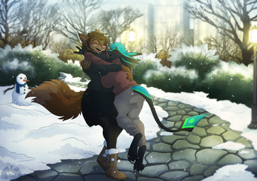 3_fingers 3_toes 4_ears anthro big_breasts big_glasses black_body black_bottomwear black_clothing black_ears black_eyebrows black_feathers black_feet black_hands black_pants black_sweater black_tail black_topwear blue_body blue_feathers blue_hair boots bottomwear breasts brown_body brown_fur brown_hair brown_tail burgundy_sweater clothed clothed_anthro clothed_female clothing cobblestone_path dark_hair detailed_background duo eyebrows eyes_closed eyewear feather_hair feathers feet female female_anthro fingers footwear fully_clothed fully_clothed_anthro fully_clothed_female fur glasses green_body green_feathers grey_bottomwear grey_clothing grey_pants hair happy hug huge_breasts hugging_another love multi_ear open_mouth outside pants path pathway pink_nose pseudo_hair round_glasses shoes snow snowing snowman sweater tail toes topwear winter misqtical frobozz_wex ralena/ralaku avali avian canid canine mammal hi_res signature herm_(lore) trans_(lore) trans_woman_(lore)