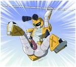 anus balls bodily_fluids butt cum cumshot ejaculation faceplate genital_fluids genitals glowing glowing_eyes green_eyes gun horn machine male masturbation motion_lines narrowed_eyes outside penis ranged_weapon shadow_face sky solo weapon benjibat conditional_dnp medabots metabee robot hi_res