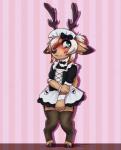 accessory anthro antlers blush bow_(feature) bow_accessory bow_dress bow_ribbon bow_tie chibi clothing clothing_bow dress drop_shadow femboy green_eyes hair hair_accessory hair_bow hair_over_eye hair_ribbon heart_clothing heart_dress heart_print heart_symbol horn maid_uniform one_eye_obstructed print_clothing print_dress ribbons shy solo twin_bows twin_clothing_bows uniform draeusz ethan_(diegojhol) deer mammal 2019 absurd_res hi_res