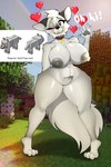 anthro areola big_areola big_bottom_lips big_breasts black_eyebrows black_nose bone bone_in_mouth breasts canid canine canis collar collar_only collar_tag dialogue digital_media_(artwork) eyebrows eyelashes featureless_crotch female forest forest_background foxgumie fur gesture grey_areola grey_body grey_eyes grey_fur grey_nipples grey_pawpads hair heart_symbol hi_res mammal microsoft minecraft mojang nature nature_background nipple_dip nipples nude one_eye_closed open_mouth outdoor_nudity outside pale_wolf_(minecraft) pawpads plant pubes red_collar reference_image solo tan_body tan_fur thick_eyelashes thick_thighs tree waving white_body white_fur white_hair white_sclera wide_hips wink wolf wolf_(minecraft) xbox_game_studios