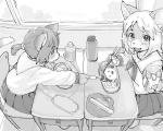 anthro bento_box bottomwear clothed clothing duo female food fur hair kemono looking_at_viewer school_uniform skirt smile topwear uniform kikurage felid feline mammal 2015 5:4 archived_source digital_media_(artwork) greyscale monochrome