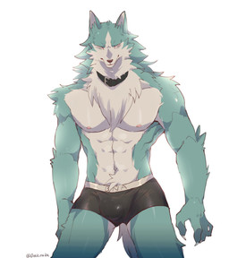 abs anthro black_clothing black_underwear blue_body blue_eyes blue_fur boxer_briefs bulge claws clothed clothing collar fur fur_tuft looking_at_viewer male muscular muscular_male navel nipples pink_nipples simple_background solo topless tuft underwear white_body white_fur drakonika123 brand_new_animal studio_trigger shirou_ogami canid canine canis mammal wolf hi_res
