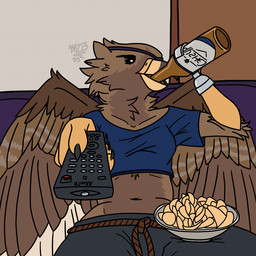 alcohol amputee anthro beak belt beverage bottomwear brown_body brown_feathers chips_(food) claws clothed clothing container controller crop_top disability drinking feathered_wings feathers female food furniture holding_object hook hook_hand looking_at_viewer midriff missing_hand mongolian navel open_mouth remote_control shirt sitting sofa solo text topwear tv_remote wings conditional_dnp midtierburrito bayarma_(midtierburrito) accipitrid accipitriform avian bird eagle golden_eagle true_eagle 1:1 digital_media_(artwork) meme mongolian_text
