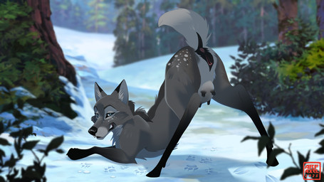 animal_genitalia animal_vulva black_nipples black_nose blue_eyes butt canine_ears canine_nose cervine_anus cervine_genitalia cervine_udders cervine_vulva claws cloven_hooves darkened_genitalia depth_of_field detailed_background dewclaw female feral footprint forest forest_background genitals grey_body half-closed_eyes head_down_ass_up hooves looking_at_viewer looking_back looking_back_at_viewer markings multicolored_body narrowed_eyes nature nature_background nipples pawprint paws plant presenting presenting_hindquarters raised_tail rear_view showing_teeth smile snow solo spots spotted_markings spread_legs spreading tail teats tree two_tone_body vulva wide_stance arf-fra dusk_(nightdancer) canid canine canis deer hybrid mammal wolf hi_res