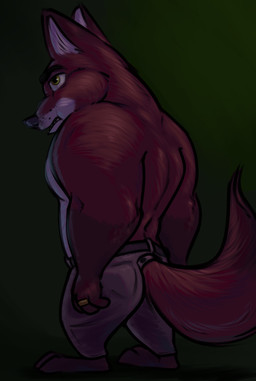 3_toes 4_fingers anthro belt clothed clothing digit_ring feet fingers gloves_(marking) green_eyes inner_ear_fluff jewelry male markings muscular muscular_male open_mouth rear_view ring simple_background solo toes topless topless_male tuft wedding_ring conditional_dnp tangerine_(artist) disney zootopia nick_wilde canid canine fox mammal red_fox true_fox 2023 digital_media_(artwork) digital_painting_(artwork) full-length_portrait hi_res painting_(artwork) portrait