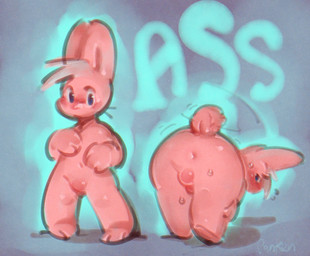 anthro anus backsack balls bodily_fluids butt cotton_tail flying_sweatdrops fur genitals looking_at_viewer looking_back male navel nude nude_anthro nude_male penis pink_body pink_fur presenting presenting_hindquarters profanity solo standalone_balls standing sweat sweatdrop tail tail_motion tailwag text panken panken_(character) lagomorph leporid mammal rabbit 2025 artist_name english_text hi_res signature