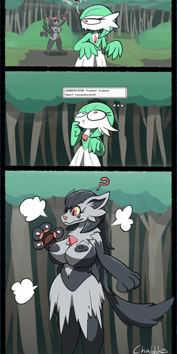 4_fingers after_transformation alternate_color ambiguous_gender anthro areola big_breasts black_areola black_body black_facial_markings black_fur black_hair black_nipples breast_expansion breasts confusion dialogue duo expansion fangs female feral fingers forest frown fur gameplay_mechanics green_pseudo_hair grey_body grey_fur growth hair humanoid_pointy_ears instant_transformation multicolored_body multicolored_fur nipples outside pawpads pink_nose plant pointy_ears pokemon_transformation poof_transformation pseudo_hair question_mark red_eyes simple_face species_transformation tail tail_growth teeth thick_thighs transformation tree two_tone_body two_tone_fur chabble mythology nintendo pokemon may_(pokemon) canid canine gardevoir generation_3_pokemon mammal mightyena mythological_canine mythological_creature pokemon_(species) werecanid werecanine werecreature werewolf absurd_res comic hi_res