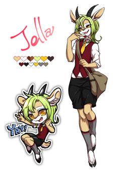 5_fingers anthro biped chibi clothed clothing color_swatch femboy fingers green_hair hair hooves horizontal_pupils horn male open_mouth open_smile pupils smile solo tail re-yyyyyy jella_(re-yyyyyy) antelope bovid mammal 2015 3:4
