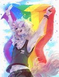 anthro armpit_tuft chest_tuft clothing confetti demisexual_pride_colors flag fur happy lgbt_pride long_tail male pride_colors rainbow_flag rainbow_pride_flag rainbow_symbol shirt smile solo tail tank_top topwear tuft white_body white_fur wristband prince-o-sky angora_ferret domestic_ferret european_polecat mammal mustelid musteline true_musteline weasel 2022 absurd_res digital_media_(artwork) digital_painting_(artwork) hi_res shaded watermark