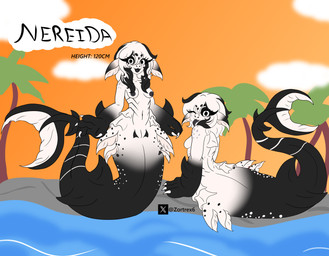 anthro apode big_hands black_body black_lips black_nipples black_sclera breasts claws eyelashes female fin freckles genitals hair innie_vulva legless lips long_eyelashes nipples one_eye_closed open_mouth rear_view serpentine short_hair simple_background small_breasts solo tongue tongue_out vulva white_body white_eyes zortrex mythology nereida_(zortrex) aquatic_dragon draconcopode dragon marine mythological_creature mythological_scalie scalie absurd_res hi_res