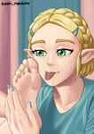 2021 5_fingers 5_toes absurd_res blonde_hair breath_of_the_wild feet female fingers foot_fetish foot_focus foot_grab green_eyes hair hi_res humanoid humanoid_feet humanoid_pointy_ears hylian natsuko_ashi nintendo not_furry plantigrade princess_zelda soles solo the_legend_of_zelda toes tongue tongue_out