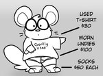 anthro black_text briefs bulge clothing eyewear footwear glasses grey_background male money pantsless_anthro pantsless_male prices shirt simple_background socks solo t-shirt text topwear underwear whiskers worn_clothing nishi_oxnard oxynard cricetid hamster mammal rodent monochrome