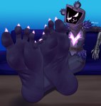 5_toes anthro armor barefoot black_body black_skin blue_background butt claws clothing eye_scar facial_scar feet female foot_fetish foot_focus foot_on_table fur furniture gauntlets gloves glowing glowing_claws handwear hood humanoid_feet looking_at_viewer plantigrade purple_body purple_eyes purple_fur scar shadow_face simple_background soles solo table toes wrinkles ssunsalm epic_games fortnite raven_team_leader bear mammal hi_res