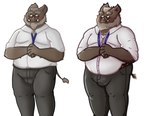 anthro badge beard belly belly_overhang belt big_belly big_bulge big_butt blush bottomwear brown_body brown_eyes brown_fur brown_nose bulge butt clothing dress_shirt eyewear facial_hair fur glasses green_eyes hands_together heterochromia looking_aside male neckwear nervous overweight overweight_anthro overweight_male pants scar shirt simple_background solo standing tail tail_tuft thick_thighs tight_clothing topwear tuft tusks white_background custardalvis sihai's_legacy jehu_(sihai's_legacy) mammal suid suine sus_(pig) wild_boar 2021 portrait three-quarter_portrait