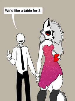 4_fingers anthro black_eyeshadow breasts cellphone choker cleavage clothed clothing collared_shirt date dialogue dress duo electronics eyelashes eyeshadow female fingers fluffy fluffy_tail fur grey_background grey_body grey_fur grey_hair hair hand_holding jewelry legwear long_hair long_tail magenta_dress makeup male male/female multicolored_body multicolored_fur necklace necktie phone red_sclera shirt simple_background smartphone snout sparkles sparkling_clothing sparkling_dress stockings strapless_clothing strapless_dress tail text topwear two_tone_body two_tone_fur white_body white_eyes white_fur aabramsart hellaverse helluva_boss mythology anon loona_(helluva_boss) canid canid_demon canine demon hellhound human mammal mythological_canine mythological_creature 2025 3:4 artist_name digital_drawing_(artwork) digital_media_(artwork) english_text hi_res