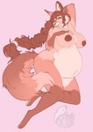 anthro belly big_belly big_breasts big_ears braided_hair breasts cheek_tuft chest_tuft claws facial_tuft female fluffy fluffy_tail fur green_eyes hair hand_on_breast hands_behind_head inner_ear_fluff long_hair looking_at_viewer navel nipples outie_navel pose pregnant pregnant_anthro pregnant_female smile solo tail tan_body tan_fur tuft eskyann veronika_zylest_(sirhcx) canid canine fennec_fox fox mammal true_fox 2025 absurd_res hi_res restricted_palette