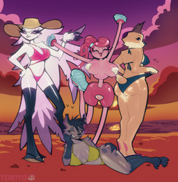 anthro beach bikini black_bikini black_clothing black_swimwear brown_body clothing female fur group howl mature_female pink_bikini pink_body pink_clothing pink_swimwear smile swimwear two-piece_swimsuit white_body white_fur ferett0 101_dalmatian_street 101_dalmatians disney hellaverse helluva_boss mob_entertainment poppy_playtime the_lion_king clarissa_(101_dalmatians) mommy_long_legs shenzi_(the_lion_king) stella_(helluva_boss) canid canine canis domestic_dog herding_dog humanoid hyena mammal pastoral_dog welsh_corgi absurd_res hi_res