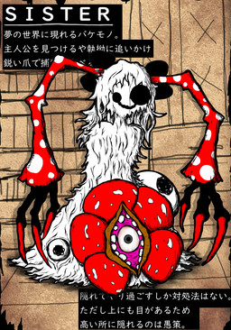 ambiguous_gender black_eyes black_sclera colored_nails drawing_background eyeball_in_mouth fur hair nails plant red_arms red_nails red_petals solo spots text white_body white_fur white_hair white_spots white_text mg0rx elemental_creature flora_fauna humanoid monster hi_res japanese_text translation_request