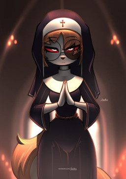 anthro candlelight female glass hair light looking_at_viewer nun_outfit orange_hair red_sclera solo jizoku mythology sol_(jizoku) canid canid_demon canine demon hellhound mammal mythological_canine mythological_creature absurd_res hi_res