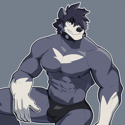 abs anthro areola black_clothing black_hair black_speedo black_swimwear bulge clothed clothing collar detailed_bulge fingers fur grey_background grey_body grey_fur hair humanoid_hands looking_aside male muscular muscular_anthro muscular_arms muscular_male navel nipples pecs short_hair simple_background sitting smile snaggle_tooth solo speedo speedo_only spiked_collar spikes swimwear tan_body tan_fur topless topless_anthro topless_male jrjresq marsh_(jrjresq) bear mammal 1:1 colored hi_res portrait shaded three-quarter_portrait