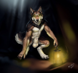 animal_genitalia anthro balls biped brown_body brown_fur crouching digitigrade fluffy_balls forest front_view fur genitals glowing glowing_eyes holding_lantern lamp lantern looking_at_viewer male male_anthro night nude nude_anthro nude_male plant sheath solo tail tasteful_nudity tree tree_trunk white_body white_fur wolf_tail sunitai canid canine canis mammal wolf dated digital_media_(artwork) digital_painting_(artwork) full-length_portrait hi_res painting_(artwork) portrait shaded signature soft_shading