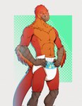 abs anthro athletic athletic_anthro athletic_male clean_diaper clothed clothing diaper diaper_only feather_hair feather_mane feathers feet hands_on_hips male orange_body orange_feathers pink_eyes pseudo_hair pseudo_mane red_body red_feathers solo talon_hands talons toes topless wearing_diaper syeenyeen dinosaur feathered_dinosaur feathered_scalie prehistoric_species reptile scalie 2024 hi_res