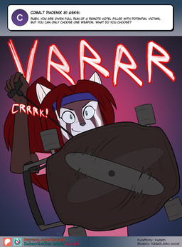 anthro ask_blog black_nose clothed clothed_anthro clothed_female clothing female fur hair lawn_mower mask red_body red_fur red_hair solo text conditional_dnp kadath ruby_(kadath) ailurid mammal red_panda 2025 english_text hi_res url