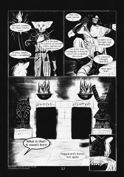 4_panel_comic anthro biped black_eyes black_hair black_text clothed clothing dialogue duo ellipsis exclamation_point eyewear fingers fire glasses gloves hair handwear holding_eyewear holding_glasses holding_object male open_mouth page_number question_mark sculpture sitting speech_bubble standing statue tail talking_to_another text torch white_sclera leprzil domestic_cat felid feline felis mammal murid murine oriental_shorthair rat rodent 2026 artist_name comic english_text hi_res monochrome
