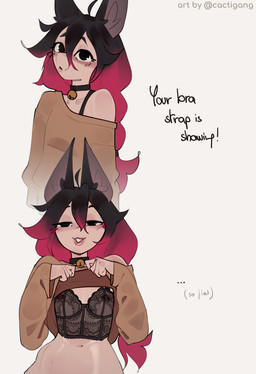 bell bell_collar blush bra bra_strap braided_hair clothed clothing clothing_lift collar exposed_shoulder femboy flat_chested hair inner_ear_fluff lace_bra male male_humanoid navel nipples shirt shirt_lift simple_background text topwear tuft underwear cactigang bra_strap_showing_(meme) sasha_(cactigang) animal_humanoid canid canid_humanoid canine canine_humanoid fox_humanoid humanoid mammal mammal_humanoid 2026 english_text hi_res meme
