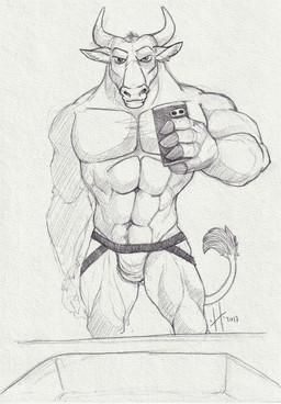 abs anthro bulge clothed clothing electronics front_view glistening glistening_eyes holding_object holding_phone horn jockstrap looking_at_viewer male male_anthro mouth_closed muscular muscular_anthro muscular_male navel pecs phone simple_background sink solo standing tail tail_tuft topless tuft underwear hufnaar bovid bovine cattle mammal 2017 absurd_res dated hi_res monochrome sketch
