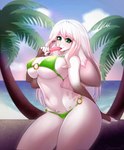 anthro bikini biped blush breasts camel_toe cleavage clothed clothing cloud eyebrow_through_hair eyebrows eyelashes female floppy_ears food green_bikini green_clothing green_eyes green_swimwear hair holding_food holding_object holding_popsicle inner_ear_fluff long_hair looking_at_viewer lop_ears navel nipple_outline palm_tree plant popsicle popsicle_in_mouth sand sea sky solo standing swimwear thick_thighs translucent translucent_hair tree tuft two-piece_swimsuit water onomari liabelle_lerue lagomorph leporid mammal rabbit 2023 digital_media_(artwork) hi_res shaded