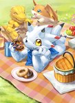 ambiguous_gender anthro basket black_claws blue_eyes blush candy chocolate claws container daww dessert detailed_background doughnut eating feral food group kerchief looking_at_viewer one_eye_closed outside pastry picnic picnic_basket picnic_blanket sprinkles trio white_claws wink yellow_eyes kuroma bandai_namco digimon agumon digimon_(species) gammamon patamon hi_res