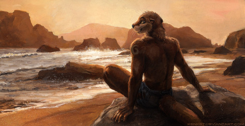 anthro beach biped black_nose brown_body brown_fur claws clothed clothing detailed_background fur furgonomics looking_at_viewer looking_back male outside rear_view rock sand sea seaside sitting smile solo sunset swimwear tail tail_clothing tattoo thick_tail topless water whiskers kenket bayshore mammal mustelid otter 2014 painting_(artwork) traditional_media_(artwork) traditional_painting_(artwork)