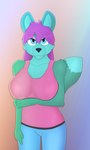 anthro big_breasts blue_bottomwear blue_clothing blue_eyes bottomwear breasts clothed clothing eyeshadow female fur hair makeup pink_clothing pink_eyeshadow pink_shirt pink_tank_top pink_topwear purple_hair shirt solo tail tank_top teal_body teal_fur topwear conditional_dnp gusta blurse_(blursedart) canid canine fox mammal hi_res