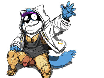 5_fingers anthro balls black_nose blue_body blue_fur chibi clothing feet fingers fur genitals grin hat headgear headwear humanoid_genitalia humanoid_penis jacket male muscular muscular_anthro muscular_male nipples penis shirt simple_background smile solo split_form tank_top teeth topwear vein veiny_penis white_background white_body white_fur monapic_chang subaru_(monapic_chang) animal_humanoid canid canine canis domestic_dog humanoid mammal 2023 4:3 digital_drawing_(artwork) digital_media_(artwork)