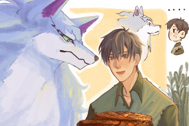 bodily_fluids duo feral food humor male master saliva kunfueattofuu campfire_cooking_in_another_world_with_my_absurd_skill fel_(campfire_cooking) mukoda_tsuyoshi canid canine canis human mammal wolf 3:2 hi_res