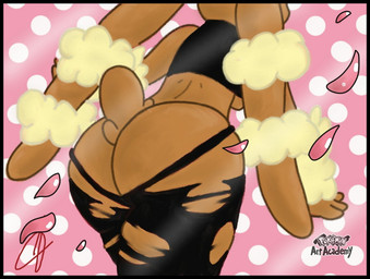 big_butt bottomwear brown_body brown_fur butt butt_focus clothing female fur pants pattern_background rear_view simple_background solo torn_bottomwear torn_clothing pokemonsexyacademy nintendo pokemon pokemon_art_academy generation_6_pokemon mega_evolution mega_lopunny pokemon_(species) art_academy_(artwork) digital_media_(artwork)