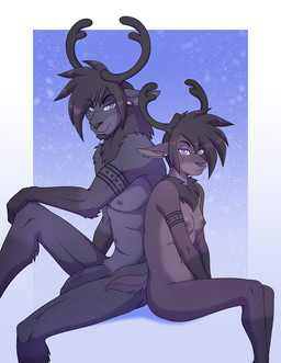 anthro antlers areola barbell_piercing big_penis black_body black_fur black_hair black_nose breasts duo female fur genitals hair horn male nipple_dip nipple_piercing nipples nude penis piercing sitting smile conditional_dnp kadath juniper_(kadath) vesper_(kadath) deer mammal new_world_deer reindeer hi_res brother_(lore) brother_and_sister_(lore) sibling_(lore) sister_(lore)