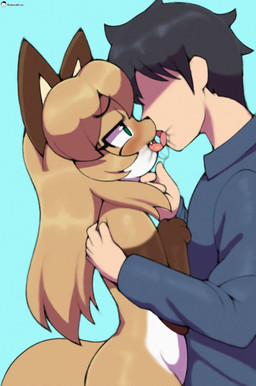 anthro blush bodily_fluids brown_body brown_fur butt clothed clothed_male clothing countershading cute_fangs cyan_background duo eyebrow_through_hair eyebrows fangs female female_on_human french_kissing fur gloves_(marking) green_eyes hair half-closed_eyes hand_on_back hand_on_chin hug human_on_anthro interspecies kissing looking_at_another male male/female markings narrowed_eyes nude nude_female saliva shirt side_view simple_background teeth tongue topwear translucent translucent_hair white_body white_fur conditional_dnp voider_(artist) averi_(fiddleafox) canid canine fox human mammal red_fox true_fox digital_drawing_(artwork) digital_media_(artwork) hi_res