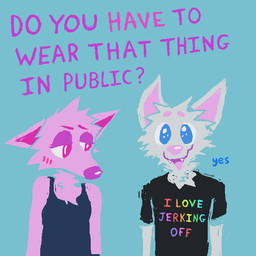 anthro black_clothing black_shirt black_t-shirt black_topwear blue_background blue_eyes breasts clothed clothing duo fangs female fur grey_body grey_fur male open_mouth open_smile pink_body pink_fur rainbow_text shirt simple_background smile t-shirt teeth text text_on_clothing text_on_shirt text_on_topwear topwear demensa canid canine canis domestic_dog mammal 1:1 2024 english_text half-length_portrait hi_res portrait