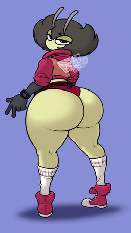 antennae_(anatomy) big_butt black_hair blue_background butt clock clothing crop_top cropped_jacket female footwear hair half-closed_eyes hood huge_butt insect_wings knee_highs knee_socks legwear mouthless narrowed_eyes red_clothing red_footwear red_shoes shirt shoes simple_background socks solo stinger topwear watch wings vendant karri arthropod bee humanoid hymenopteran insect hi_res