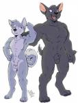 animal_genitalia anthro balls black_body black_fur black_sheath blue_eyes casual_nudity claws detached_sheath digitigrade duo eye_contact fan_edited flexing fully_sheathed fur genitals grey_body grey_fur hand_on_hip hand_on_shoulder looking_at_another male male/male muscular nude penis sheath simple_background size_difference social_nudity white_background white_sheath rick_griffin third-party_edit housepets! fox_(housepets!) mungo_(housepets!) canid canine canis domestic_dog husky mammal nordic_sled_dog spitz nude_edit