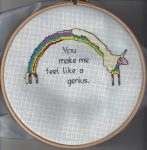 cloth cross_stitch embroidery female feral horn long_body on_model quadruped rainbow rainbow_arch real solo text unknown_artist adventure_time cartoon_network mythology lady_rainicorn equid equine mammal mythological_creature mythological_equine rainicorn unicorn colorful_theme english_text full-length_portrait grandfathered_content photography_(artwork) portrait traditional_media_(artwork)