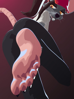 5_toes anthro barefoot big_ears black_bottomwear black_clothing black_lips black_nose black_pants black_toe_claws bottomwear breasts brown_hair buckteeth butt claws clothed clothing feet female foot_fetish foot_focus foreshortening fully_clothed fur grey_body grey_fur hair hat headgear headwear humanoid_feet lips looking_back maroon_background open_mouth pants pink_body pink_feet plantigrade ponytail rat_tail red_clothing red_hat red_headwear shirt simple_background soles solo tail teeth toe_claws toes topwear visor_cap whiskers white_clothing white_shirt white_topwear yellow_eyes el-k ratricia_(el-k) mammal mouse murid murine rodent 3:4 3d_(artwork) absurd_res digital_media_(artwork) hi_res